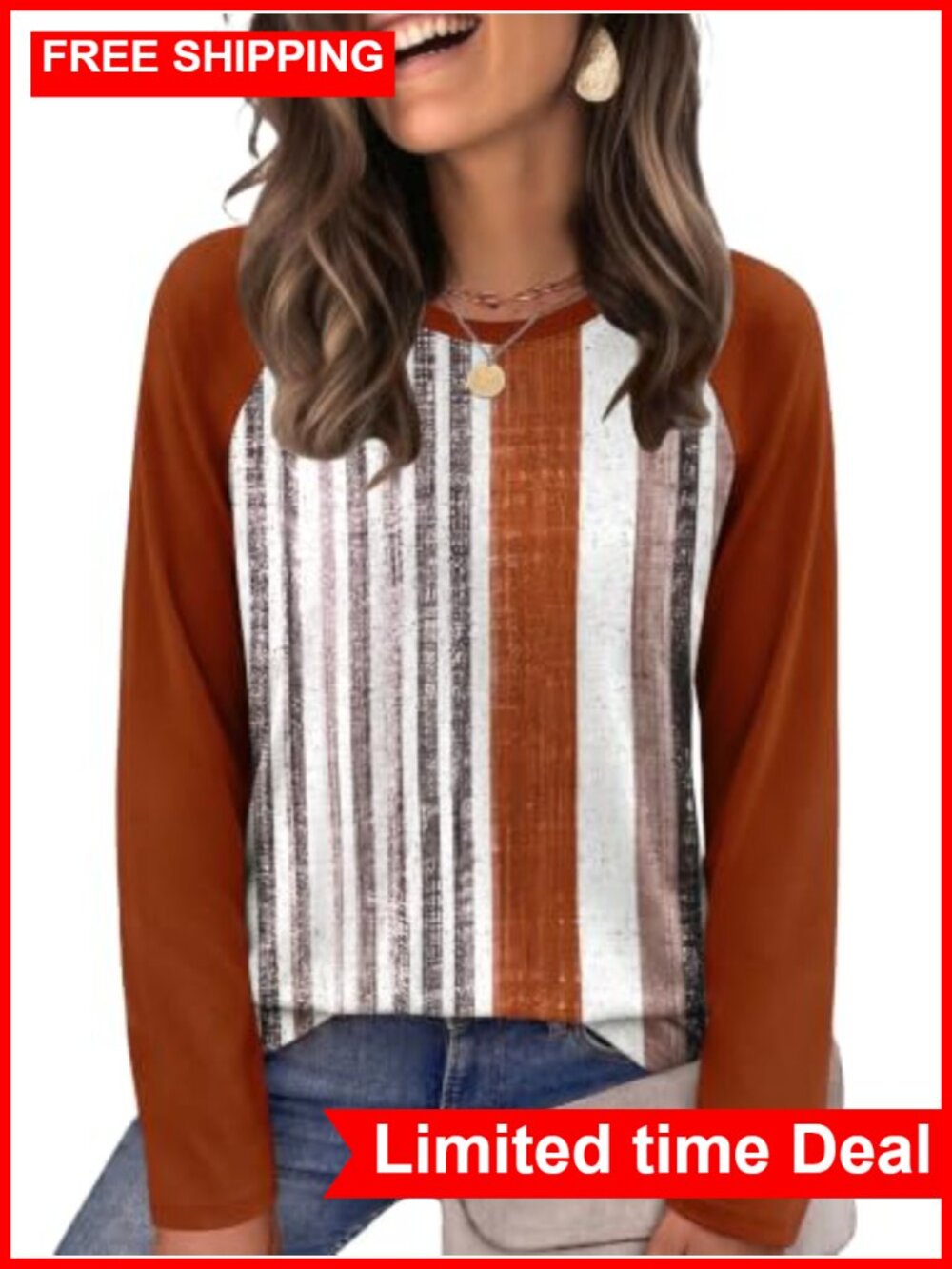 Womens Long Sleeve Striped Crewneck Top Casual Fall Winter Pullover Blouse